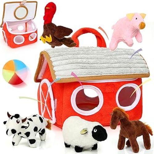 Baby Toys 6-12 Months - Montessori Sensory Farm Set - Soft Stuffed Animals with Rattle Squeak Safe Mirror - On-The-Go Toddler 1-3 Year Old Boy Girl Birthday Gifts (White)