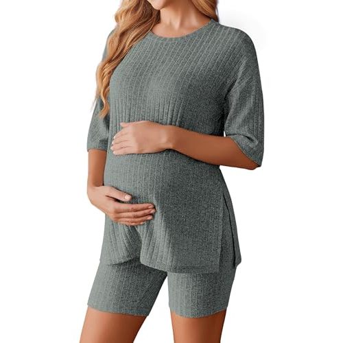 Ekouaer Maternity Sets Two Piece Outfits Ribbed Pregnancy Loungewear | Maternity Lounge Set, Split Side Maternity Shirts and Adjustable Biker Shorts for Pregnancy and Postpartum