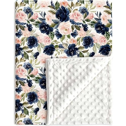 Floral Baby Blanket for Girls, Pink and Navy Floral Soft Plush Minky Blanket, Nursery Baby Blanket with Double Layer Dotted Backing, 30" x 40" for Nursery, Crib, Car Seat, Swaddling Newborns