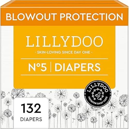 LILLYDOO Baby Diapers - Size 5 (24-35 lbs), Monthly Supply (132 Count), Leak Protection, Skin-Friendly, Ultrasoft, Perfume- & Chlorine-Free, Hypoallergenic, Dermatologist Tested, Oeko-TEX®