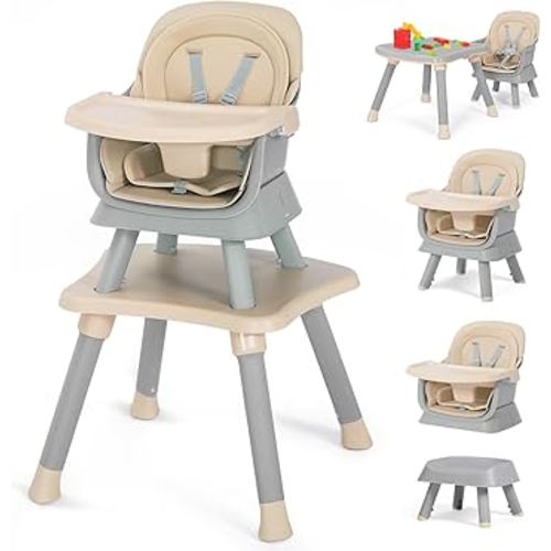 Kinder King 8 in 1 Baby High Chair, Coverts to Dining Booster Seat/Kids Table & Chair Set/Toddler Building Block Table/Kids Stool, Removable Tray & Double Seat Cover, Easy to Wipe, Grey & Coffee