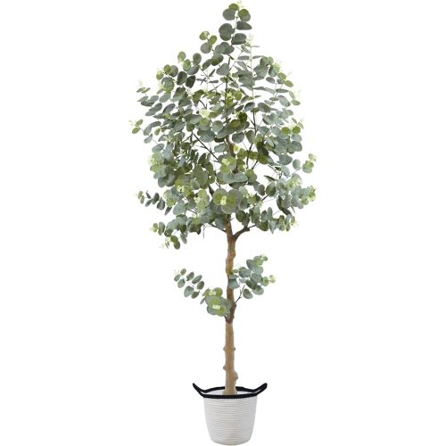 Artificial Eucalyptus Plant 5ft, Fake Tree with Basket, Faux Eucalyptus Plants with White Silver Dollar Leaves, Faux Floor Trees for Home Office Decor Indoor Outdoor