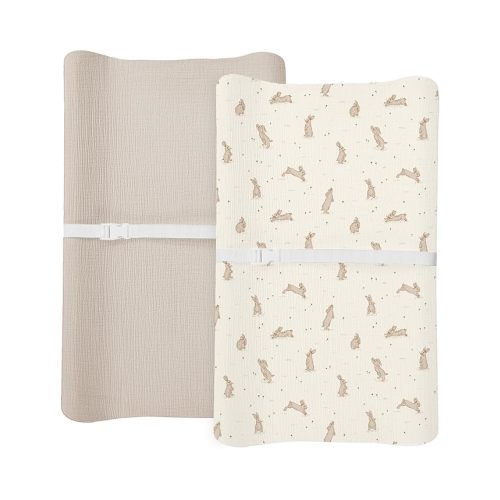 Changing Pad Cover for Baby Boy Girl 2 Pack, Muslin Changing Table Pad Covers with Boho Style, Neutral Nursery Bedding Essentials Soft and Breathable (Hopping Bunnies & Beige)