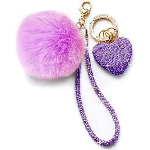 Cute Heart Keychains for Women, Bling Key chain Accessories Girly Wristlet Keychain for Car Keys, Backpack pom pom
