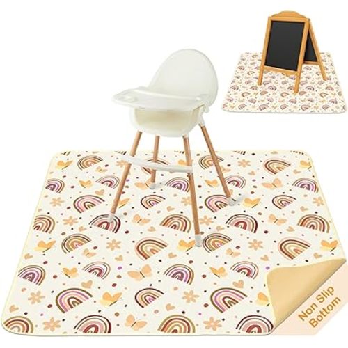 Baby Splat Mat for Under High Chair 51 x 51 Inch Large Waterproof High Chair Mat with Non Slip Bottom Food Catcher for Highchair Boy Girl Mat for Floor Machine Washable, Coffee Rainbow
