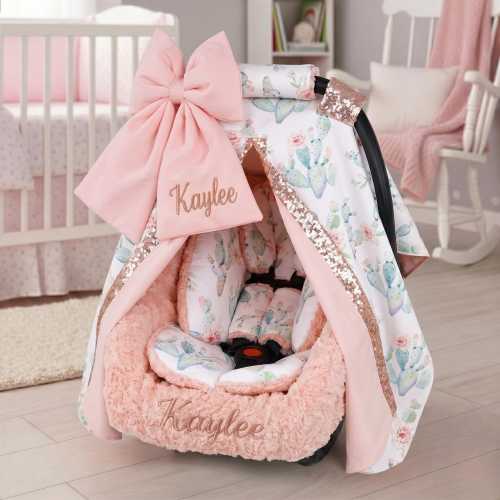 Personalized Floral Cactus Baby Car Seat 6pc Set - Embroidered Bow and Minky Liner -Baby Car Seat Accessories - Head & Body Support Insert