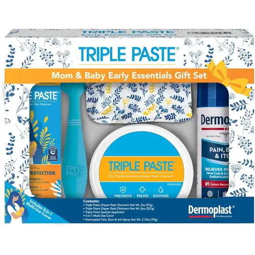 Triple Paste Mom & Baby Early Essentials Gift Set with 5 Items, Diaper Rash Ointment 8oz Jar & 2oz Tube, Spatula Applicator, Dermoplast Spray, and Multi-Use Cover, Shower Gifts for Moms