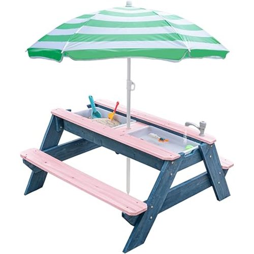 Kids 3-in-1 Sand & Water Table, Wood Outdoor Convertible Picnic Table w/Umbrella, 2 Trays, Removable Top with Faucet, Picnic Table for Outdoor (Pink/Green)