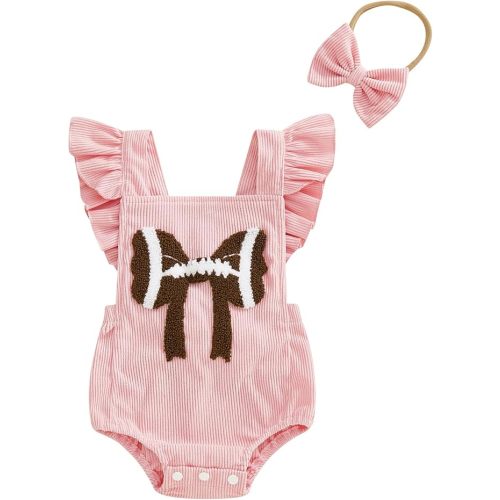 Karuedoo Newborn Baby Girl Football Clothes Football Bow Embroidery Ruffle Sleeveless Corduroy Romper Bodysuit with Headband