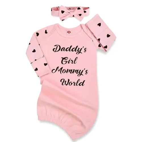 Newborn Baby Girl Gown 0-6 Months, Baby Girl Nightgowns, Babies Girls Gift, Little Sister Newborn Outfit and Coming Home Outfits with Headband Set Pink