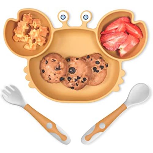 ROCCED Suction Plates for Baby, Silicone Plates with Suction for Baby Divided, Baby Spoon Fork Set for Toddler Baby Dishes Kids Plates and Utensils-Crab Yellow
