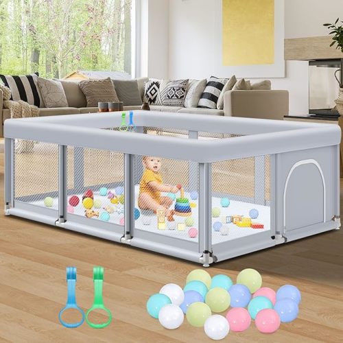 74" ×50" Large Baby Playpen, Baby Playard for Babies and Toddlers, Baby Fence Play Pens for Indoor & Outdoor, Sturdy Safety Play Yard with Soft Breathable Mesh, Anti-Fall, Grey