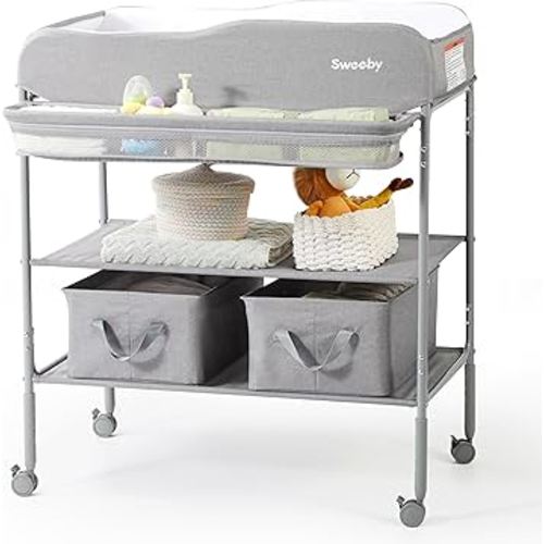 Sweeby Portable Baby Changing Table, Non-Foldable Changing Table Dresser Changing Station for Infant, Waterproof Pad Topper, Mobile Nursery Organizer for Newborn Essentials, Grey, Classic