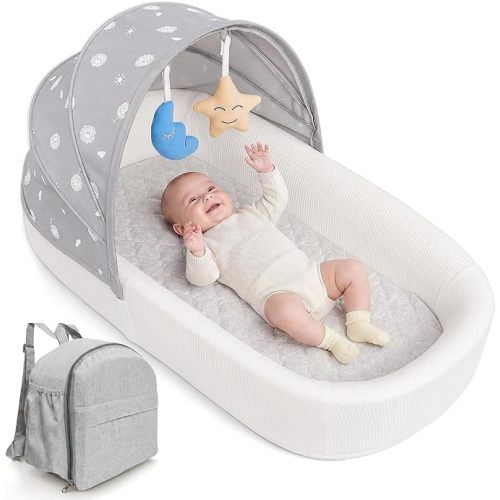 Portable Newborn Nest Lounger with Canopy & Mosquito Net-Lightweight Foldable Newborn Play Support & pad and Washable Cover, Indoor-Outdoor Use (Grey)