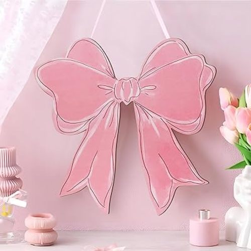 Pink Bow Wooden Hanging Sign Coquette Bow Wall Hanging Hanger Cute Preppy Wall Art Bowknot Welcome Door Sign Girly Decor for Girls Room College Dorm Apartment Indoor Outdoor Porch