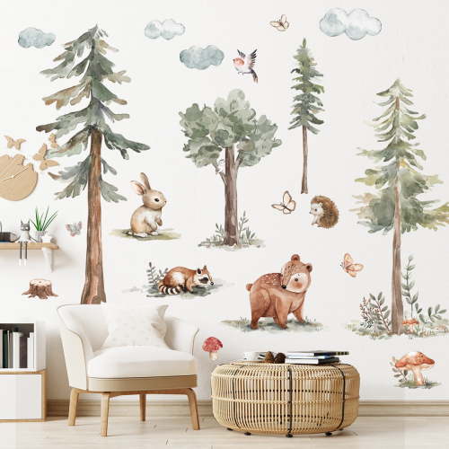 Forest Animal Wall Stickers for Kids Room, Nursery Wall Decals with Trees,130x160cm Removable Decorative Sticker