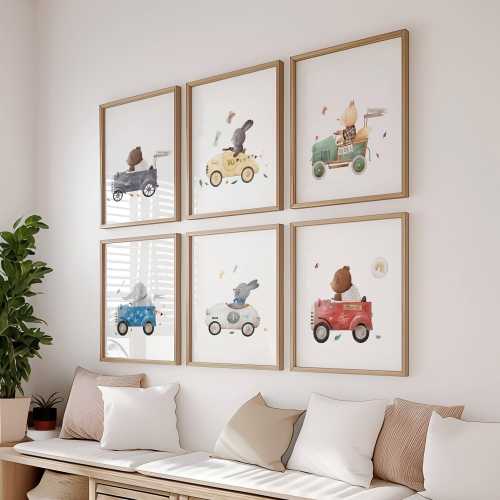 Vintage Animal Race Car Nursery Art Prints: Set of 6 (Digital Download)