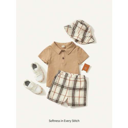 Cozy Pixies Baby Boy Polo Shirt & Plaid Shorts & Hat, For Christmas | SHEIN USA