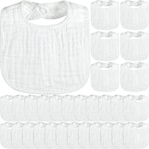 Reginary 30 Pack White Muslin Baby Bibs Bulk Adjustable 6 Layers Baby Bandana Drool Bibs for Baby Boys Girls Newborn Cotton Bibs Soft Absorbent Baby Muslin Bibs for Drooling and Teething