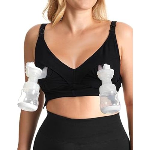 Momcozy Bamboo V-Neck Pumping Bra Hands Free,Comfortable All-Day Wear with Upgraded Clasp Designs for Pumping & Nursing