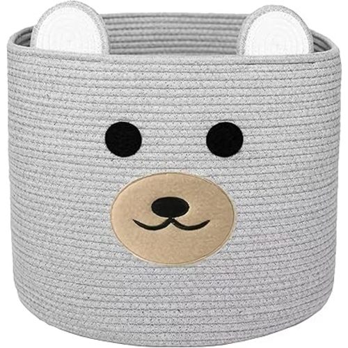 Bear Laundry Baskets Laundry Hamper Storage Baskets with Handles,Decorative Basket for Living room,Woven Storage Basket for Toys Bin Pillows Blankets Clothes (Grey)