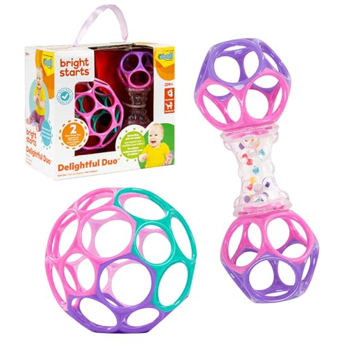 Bright Starts Delightful Duo 2-Pack Gift Set with Easy-Grasp Oball Rattles, Pink, Baby Toys for Newborn and Up