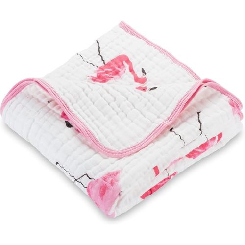 LollyBanks Muslin Baby Blanket 100% Cotton, Soft and Breathable Muslin Quilt 47 x 47 Inches Toddler Blanket for Girls, 6 Layers Baby Blanket, Lightweight Baby Receiving Blankets (Flamingo Print)