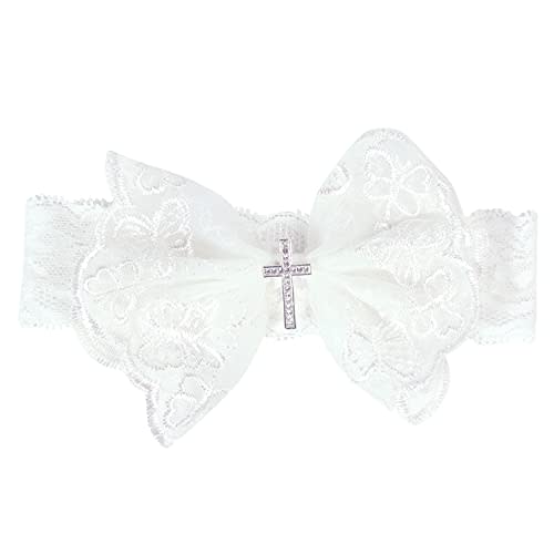 Baby Girl's Elegant Lace Bow Knot Headband Children's Rhinestone Pearl Hairband for Birthday Party Photography (White Cross)