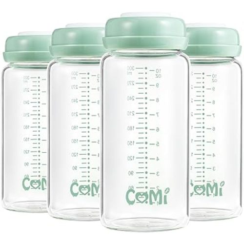COMI Wide Neck Glass Breastmilk Collection n Storage Bottle, 4 Packs,10oz with Screw Ring Sealing Disk,Re-markable Sealing Disc,BPA Free,Fits Breast Pumps&Nipples(4 Green Lids)