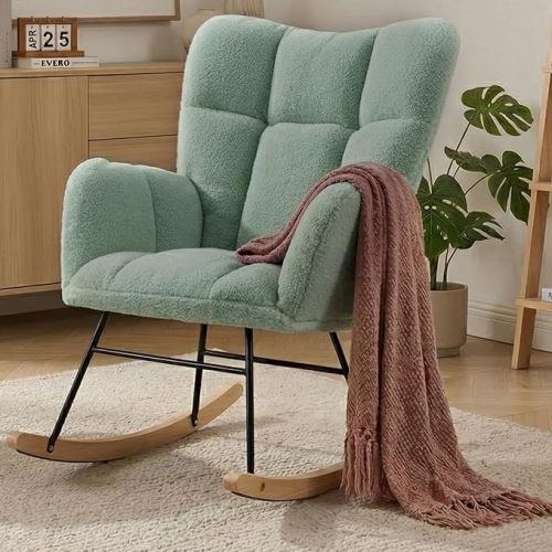 Nursery Rocking Chair, Teddy Upholstered Glider Chair with Thick Cushion, Tufted Gliding Rocker Chair with Wood Leg, Cozy Rocking Armchair, Accent Rocking Chair for Living Room (Olive Green)