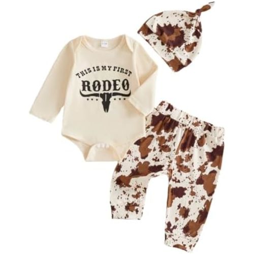 Newborn Baby Boy Western Outfits My First Rodeo Romper Cow Pants Hat Set