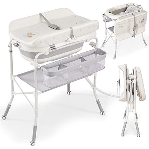 Baby Bathtub with Foldable Changing Table, Standing Infant Bath Tub for Newborn Toddler Shower, Portable Diaper Changing Station with Stand