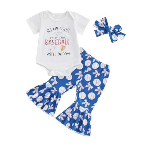 Newborn Baby Girl Baseball Outfit Short Sleeve Romper Bell Bottom Flare Pants Set Headband 3Pcs Infant Summer Clothes