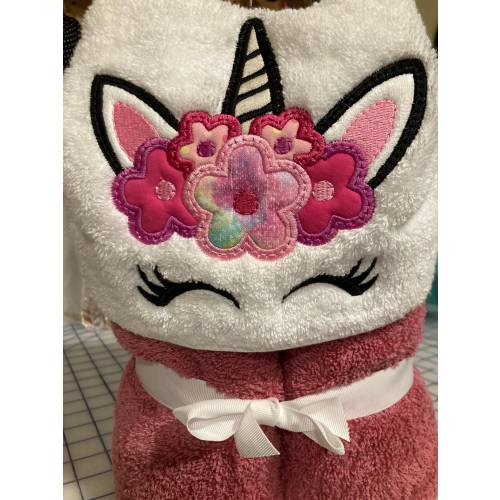 Unicorn with pink flowers hooded bath/ beach towel Free personalization