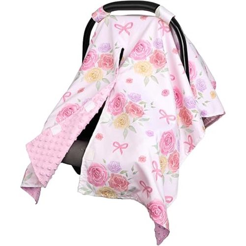 Baby Car Seat Cover for Boys Girls, Winter Infant Carseat Cover for Babies, Peekaboo Opening Nursing Cover Carseat Canopy, Warm Carrier Cover for Newborn, Pink Flower