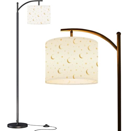 Arc Floor Lamp Kids Bedroom Pastel Moon Stars Baby Boho Nursery Baby Textile Tall Standing Lamp Modern Dimmable with Remote Adjustable Drum Shade Footswitch for Living Room Bedroom Office