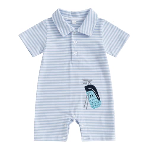 Dewadbow Baby Boy Summer Outfit Short Sleeve Embroidery Collared Romper Lapel Button Striped Bodysuit Jumpsuit Clothes