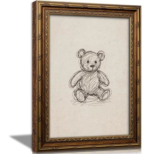 Syqiya Vintage Gold Framed Teddy Bear Wall Art Vintage Nursery Wall Decor | Teddy Bear Painting Picture Wall Decor Bear Sketch Poster Print Artwork for Bedroom Nursery Room Home Decoration