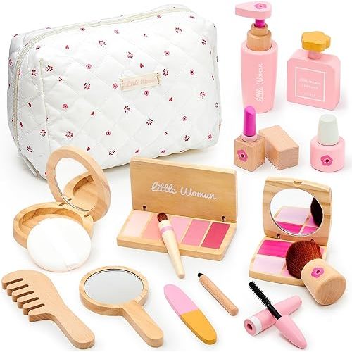 Lonico Wooden Makeup Toy Set for Girls Pretend Play Makeup Kit for Toddlers 3-5 with Eyeshadow/ Mascara/ Perfume/ Blush/ Mirror/ Bag, Birthday Gifts for Girls Toys Kids Aged 3 4 5 6 7 8