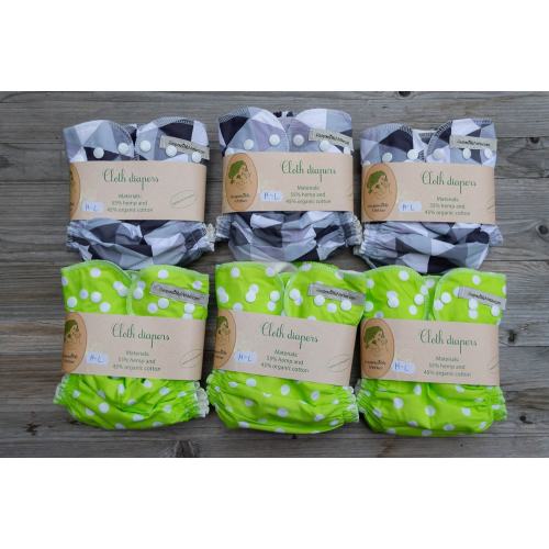 6 pc hemp - organic cotton cloth diapers set with colored, print + 1 pc merino wool diaper cover for free M-L size