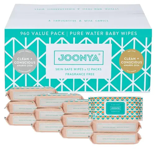 Joonya Baby Wipes - Non-Toxic, Biodegradable Baby Wipes for Calm, Healthy Skin - Fragrance Free - Bulk 12 Packs of 80 (960)