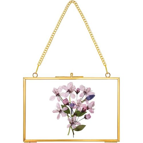 Hanging Pressed Flower Frame Handmade, Double Glass Picture Frame Floater frame Floating Frame for Pressed Flowers Home Wall Artwork, Rectangle Horizontal 4×6 inches, Gold (FRAME ONLY)