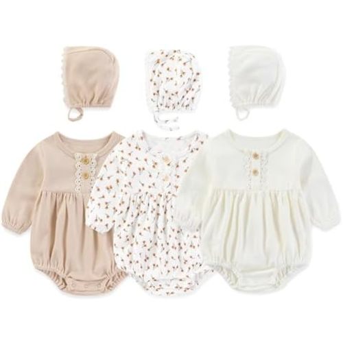 MAMIMAKA Newborn Baby Girl Clothes Cotton Bubble Rompers Infant Outfit Floral Long Sleeve Bodysuit, 3 Pack