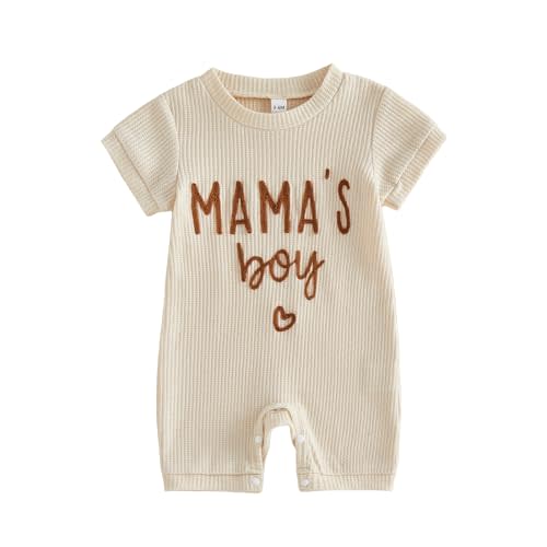 Newborn Baby Boy Summer Outfit Romper Letter Embroidery Short Sleeve Jumpsuit Bodysuit Cute Infant Waffle Clothes