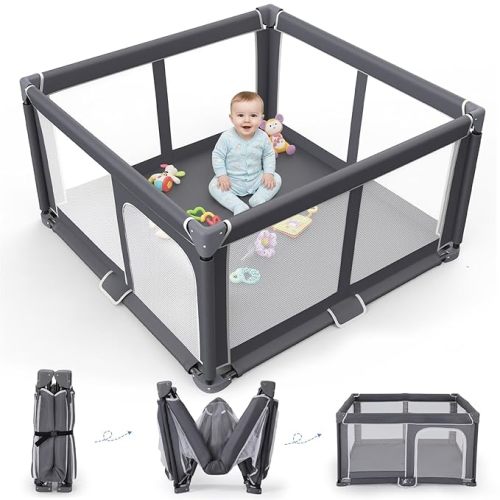 Foldable Baby Playpen - 50"x50" Safety Play Yard for Babies & Toddlers - Indoor & Outdoor Use with Carry Bag - Collapsible, Portable Play Yard, Dark Gray