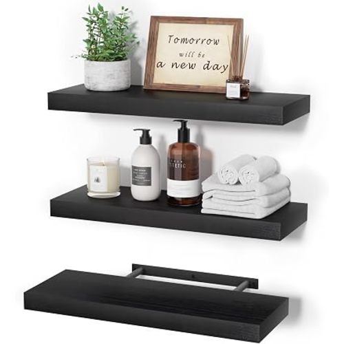 upsimples 16.5" L Black Wooden Floating Shelves with Invisible Brackets, Wall Mounted Modern Wood Shelves Set of 3, for Bathroom Bedroom