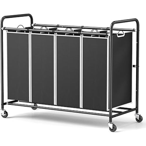 ROMOON Laundry Hamper Sorter Cart: 4-Section Organizer with Heavy-Duty Lockable Wheels and Removable Bags | 172L Rolling Laundry Basket for Dirty Clothes in Laundry Room or Small Spaces (Black)