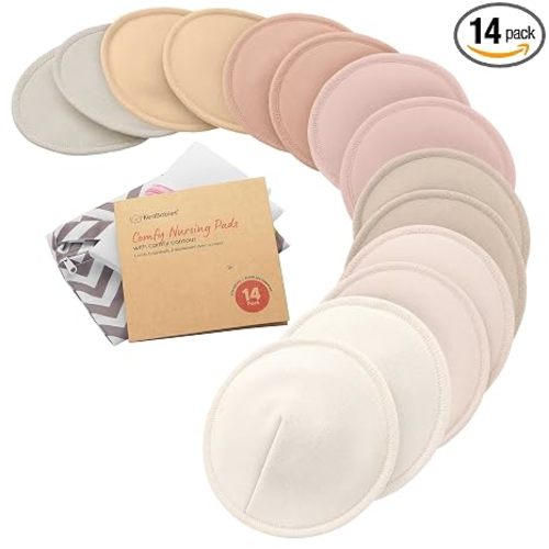 Organic Nursing Pads, 14 Washable Breast Pads,Wash Bag (Neutrals, L 5")