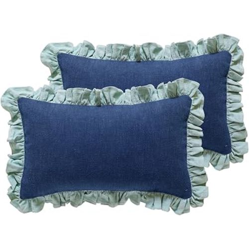 patdrea Shabby Chic Blue Decorative Throw Pillow Covers 12x20 Set of 2,Farmhouse Linen Pillow Covers with Ruffles,Rectangle Sturdy Throw Pillow Case for Couch Sofa Bed Living Room