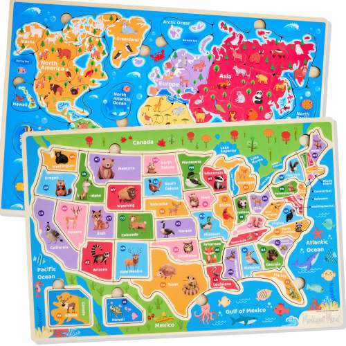 Montessori Mama World & USA Map Puzzle Combo – 2-Puzzle Geography Set